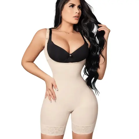 Seamless • Open Bust Bodysuit Mid Thigh • Straps • Beige • Black ( Ref. C-040 / C-044 )