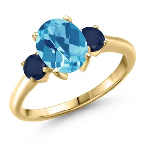 Gem Stone King 18K Yellow Gold Plated Silver Gemstone Birthstone and Blue Sapphire 3-Stone Engagement Ring for Women | Oval 9X7MM and Round 4MM | Three Stone Wedding Anniversary Promise Ring | Sizes 5, 6, 7, 8, 9
