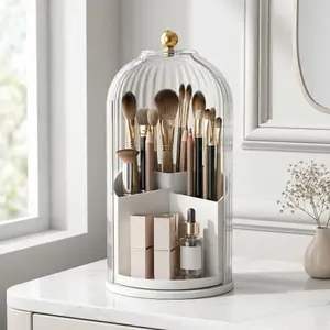 [Summervibes] Brush Organization and Storage with Transparent Door Lid,360 Rotating Clearance Makeup for Vanity Bathroom, Desktop Countertop Storage, Make up Container Spinning Brush Holder