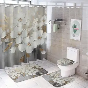 Vintage gold foil floral pattern, 4-piece shower curtain set, modern bathroom decoration, with carpet (bath mat, U-shaped, toilet lid) and 12 durable hooks, non slip floor mat, waterproof shower curtain, polyester fiber