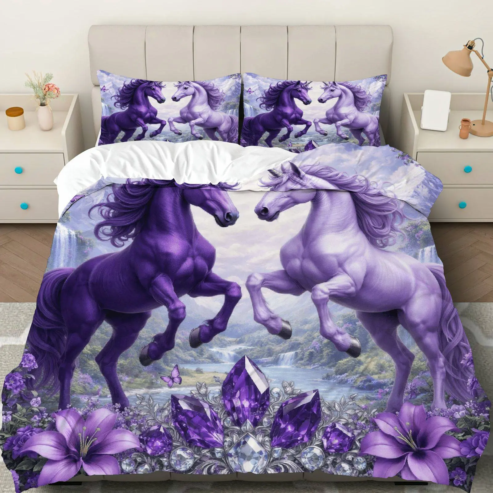 3PCS Duvet Cover Set, 1 Duvet+2 Pillowcases(Without filler), Purple Horse Fantasy Gem Floral theme, Christmas bedding set, Luxury Artistic design Suitable for decoration Bedroom, Guest Room, Hotel, Cottage
