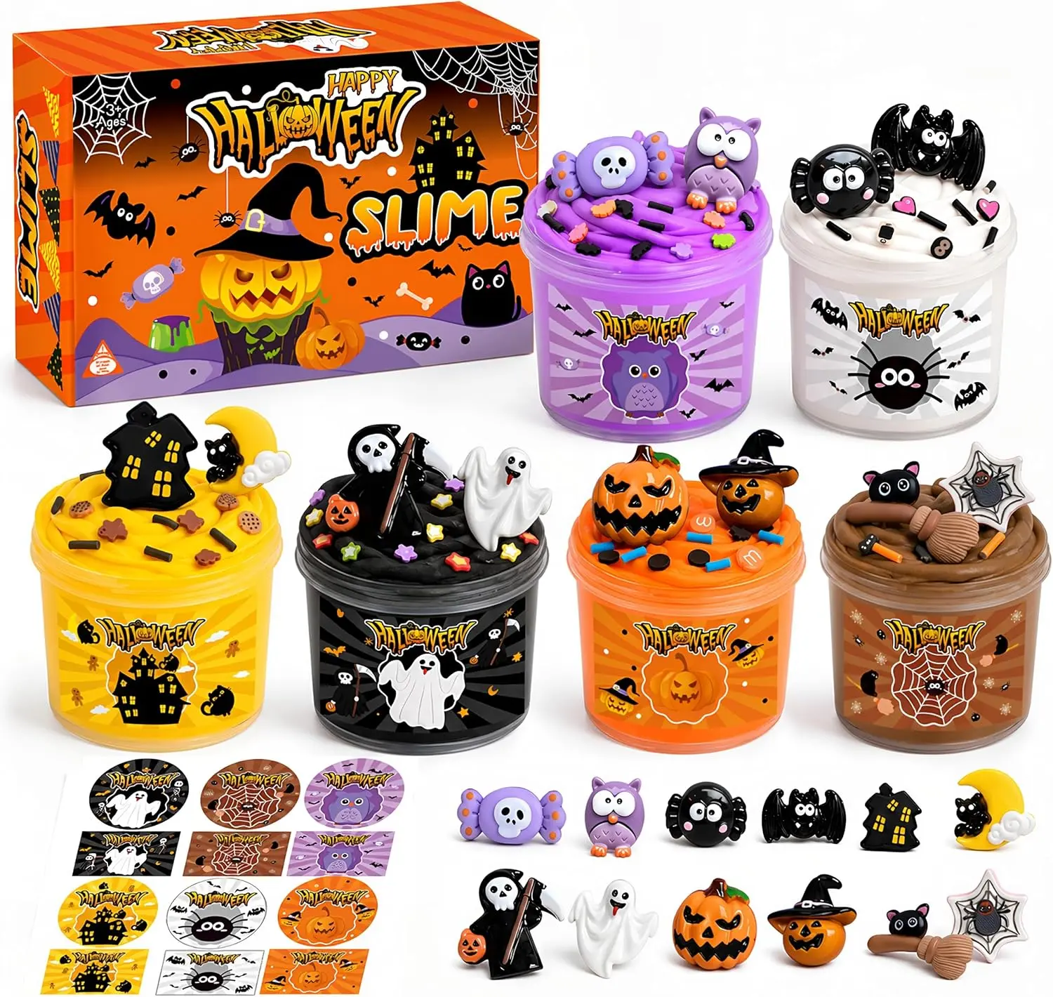 Halloween Slime Kit,6 Packs Scented Butter Slime with Special Halloween Stickers Add-ins,Slime Making Kit for Girls Ages 8-12,Halloween Party Favor for Girls and Boys