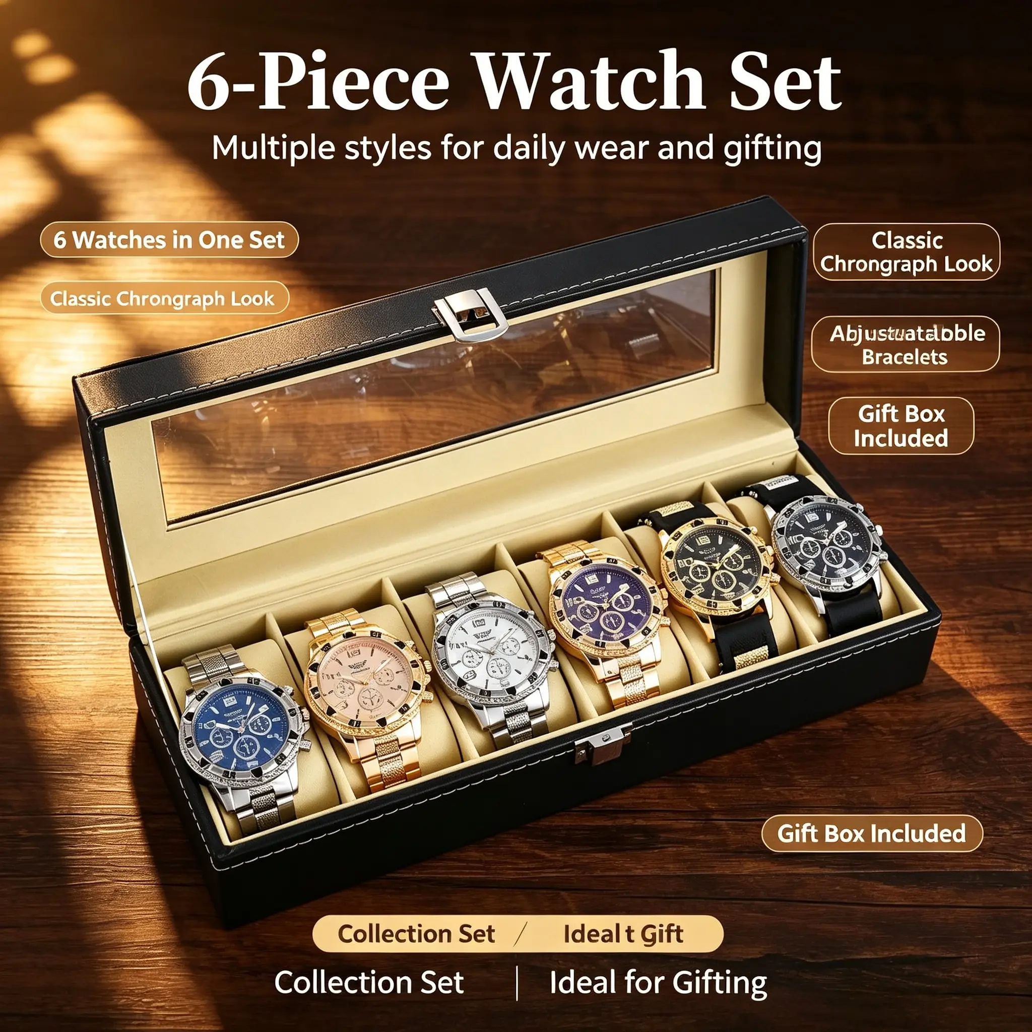 Men's 6-Piece Fashion Wrist Watch Set, Stainless Steel Band Analog Watches for Party Daily Wear, Comes with Gift Box, Ideal Birthday Holiday Gift for Men