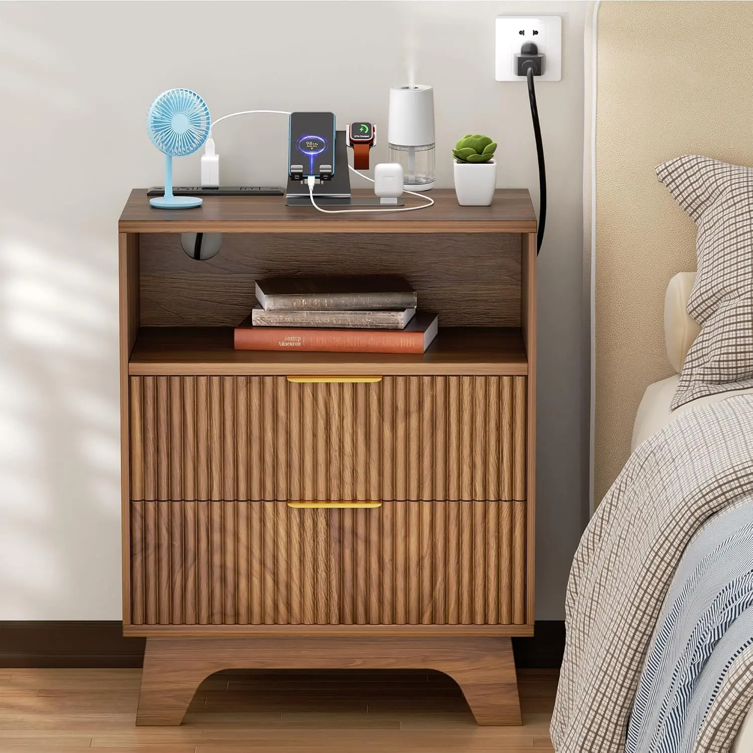 Walnut Fluted Nightstand with Charging Station, 2 Drawer Open Storage Small Bedside Table, Faux Marble Top, 2 AC & Dual USB Modern Wood End Table for Bedroom Living Room
