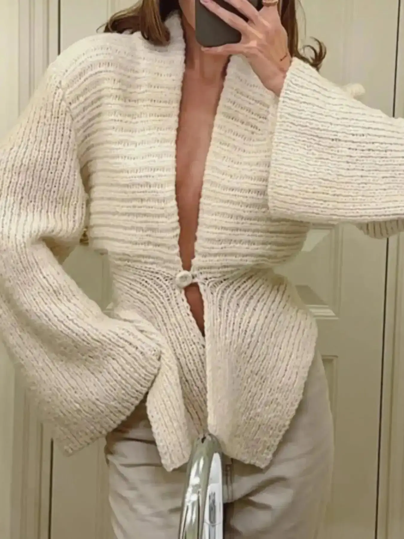 Women's French Vintage Deep V Neck Sexy Hollow Out Loose Sweater Cardigan Coat Knitwear, Casual Slim-Fitting Long Sleeve Fall & Winter, versatile, versatile, versatile, versatile, versatile