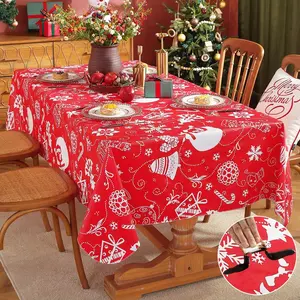 SASTYBALE Christmas Plastic Tablecloth Rectangle, Waterproof Vinyl Christmas Table Cloth with Flannel Backing, Wipeable Xmas Table Cover for Winter Holiday Party Decor