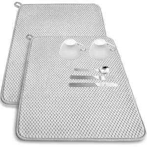 2 Pack 24x17" Large Highly Absorbent Microfiber Dish Drying Mat, Quick Dry Dish Drainer Pads for Kitchen Counter, Under Sink and Coffee Rack, Gray