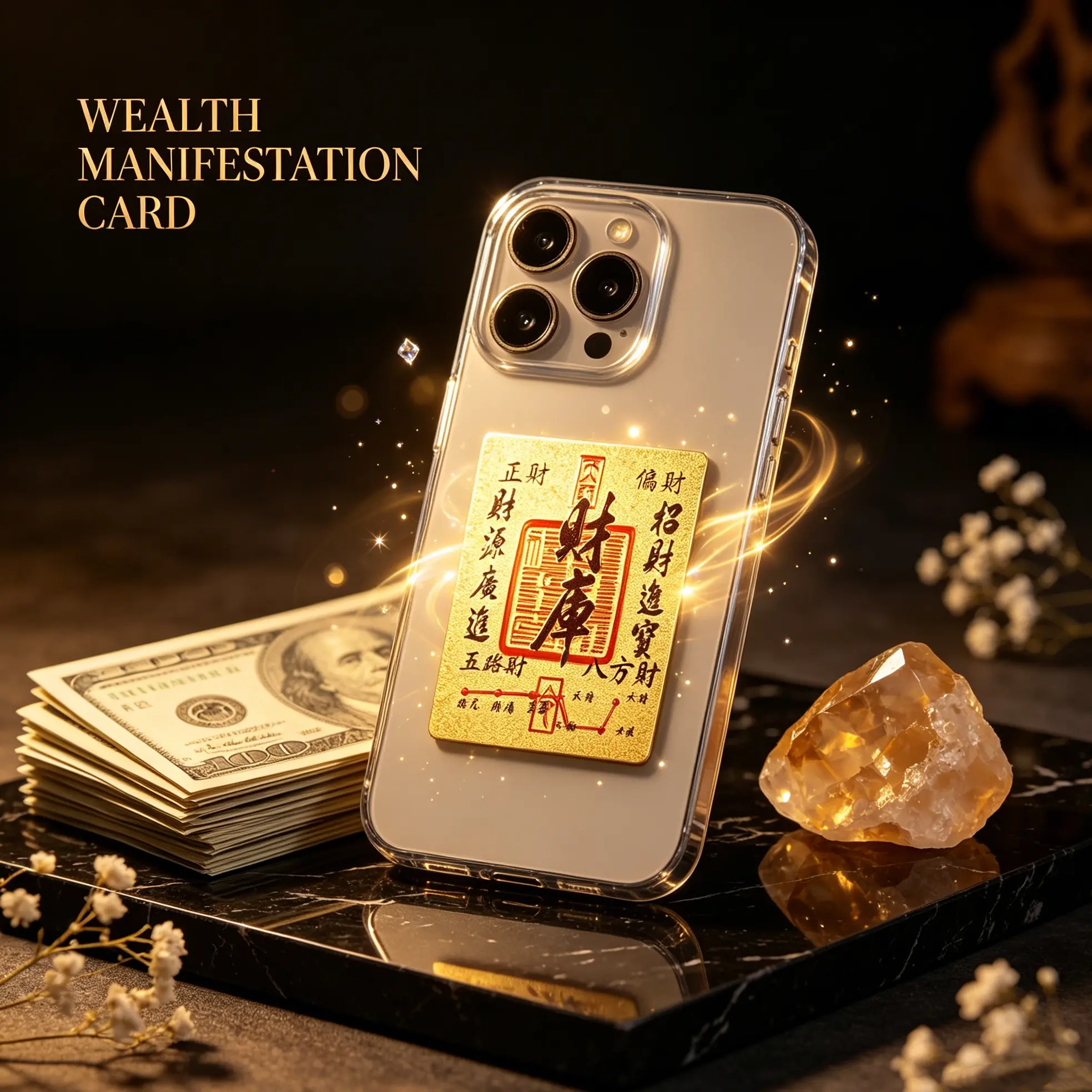 Lucky Wealth Manifestation Card - Eastern Feng Shui Amulet, Portable Vault Item, Custom Holographic Card for Positive Energy, Star Alignment Good Fortune & Dollars
