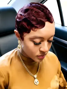 Short Finger Wave Pixie Cut Human Hair Wigs Layered Ocean Wave Full Machine Made For Women Daily Wear