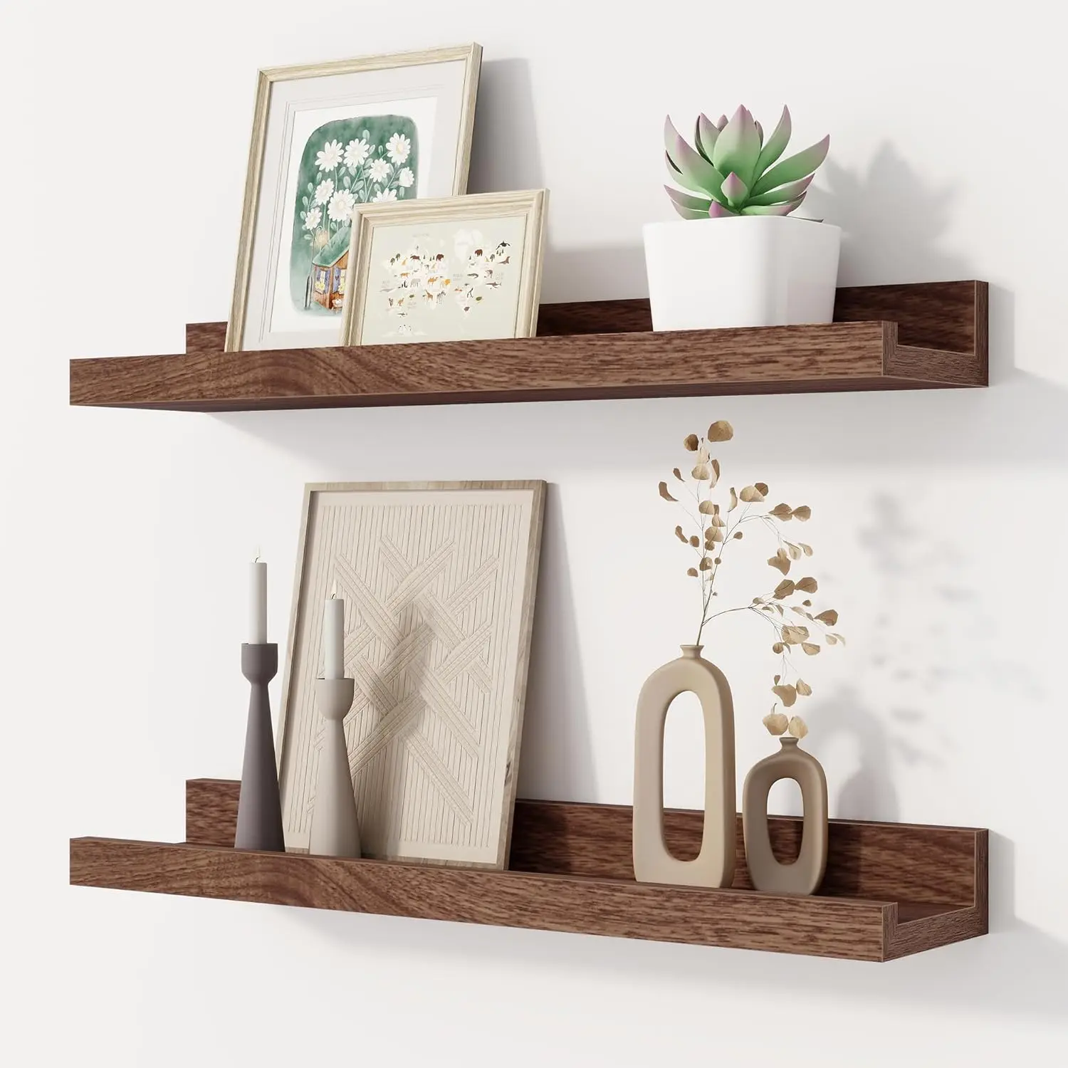 16in Walnut Solid Wooden Floating Shelves, 2-Piece Rectangular Wall-Mounted Set with Edge Trim, Large Kids' Bookshelf for Toy Storage, Home Decor Picture Display Stand for Living Room, 16 Inch