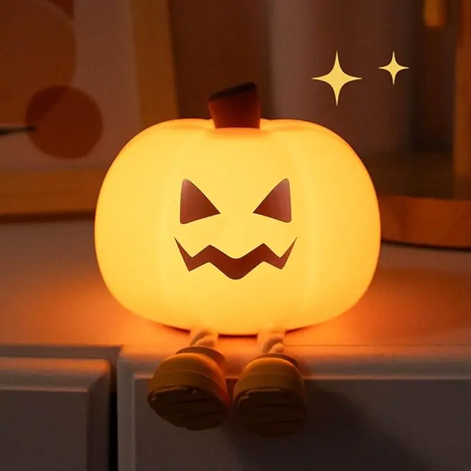 Cordless Rechargeable Dimmable Silicone Pumpkin Night Light with USB Type-C, Cute Jack O' Lantern Kids' Bedside Lamp, Halloween Decor & Gift for Nursery, Lights