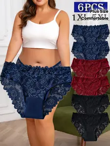Plus Size Solid Color Romantic Lace Panties 6-Piece Set - Comfortable Mid-Waist See-Through Underwear