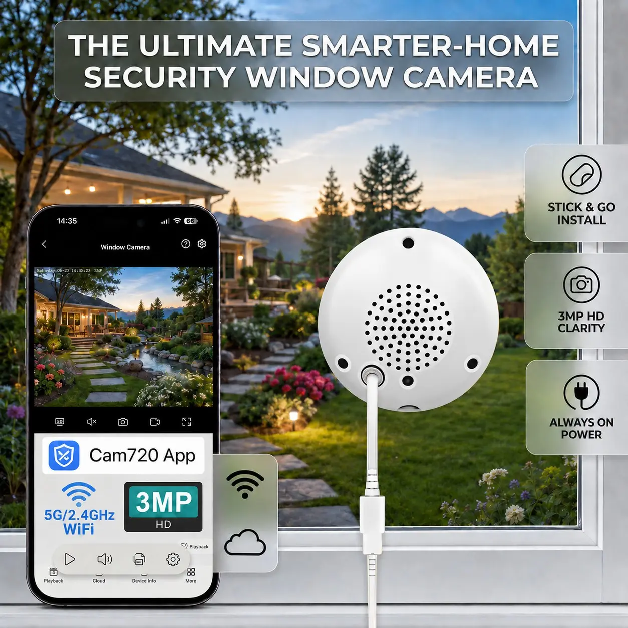 300mp HD Window Mount Camera, Dual Band Wi-Fi Security Solution, Monitoring, Installation, Ip66 Waterproof, Motion & Sound Detection, Real-Time Alerts, 24/7 Recording, Wireless, Card