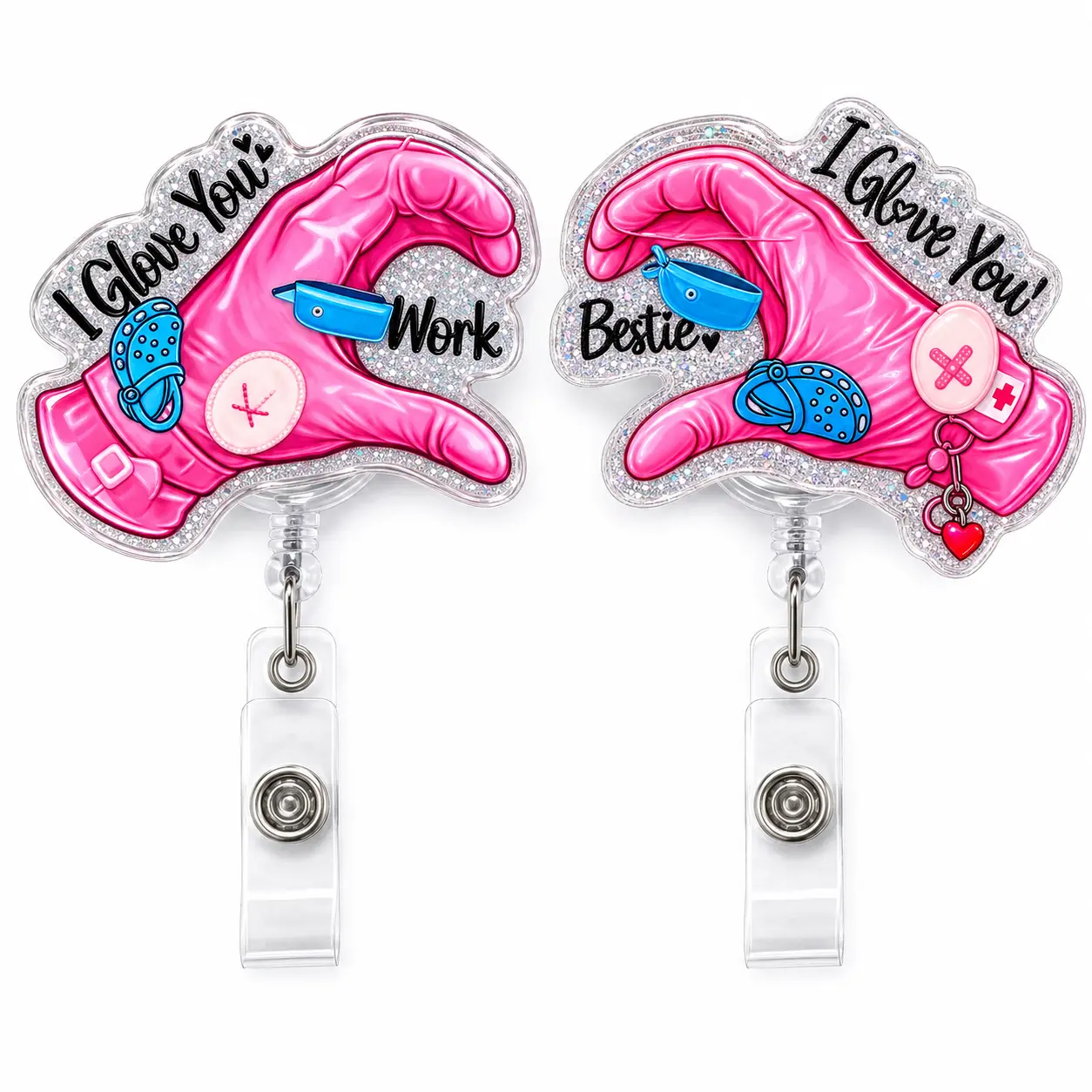 Work Bestie Badge Reel Set, Matching Glove Heart Acrylic Badge Holder with Retractable Clip for Nurses and CNAs