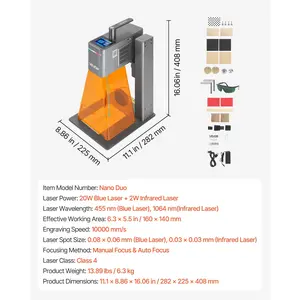 VEVOR 2-in-1 Dual Laser Engraver, 10, 000 mm/s High Speed, Portable 20W Blue and 2W IR Laser Engraving Machine, 6.3x 5.5 in Engraving Area, Manual Auto Focus, DIY Engraver Tool, for Wood Acrylic