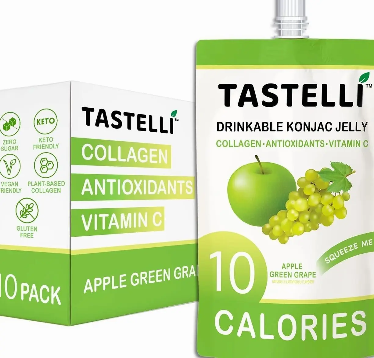 Tastelli Konjac Jelly Infused with Collagen & Vitamin C | Gluten Free, Sugar Free, Low Calorie | Vegan Drinkable Fruit Jelly Snack | Apple Green Grape | 150mL x 10 Pouches