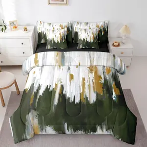 Oil Painting Comforter Set,7pcs Olive Green White Ombre Bedding Comforter Set,with Flat Sheet and Fitted Sheet,Abstract Artwork Bedding Set with Pillowcases and Throw Pillow Covers