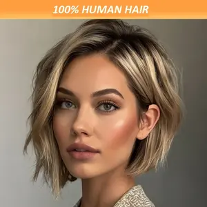 Wholesale 2025 Women's Brazilian Remy Human Hair Wig - 150% Density 13x4 Lace Front with Highlight Ombre (P4/27) - Natural Brown Balayage Highlights, Straight Bob Style - Light Brown Roots to Dark Brown Ends - Suitable for Daily & Halloween - Suitable for