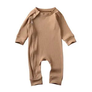LAGKIYOJ Newborn Infant Boys Girls Basic Plain Romper Jumpsuit , Long Sleeve Ribbed Knit Zipper Onepiece Fall Winter Spring Clothes Outfits