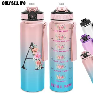 Floral & Letter Pattern 32oz Sports Water Bottle, Sports Drinking Bottle, Personalized Letter Water Bottle with Time Marker, Durable Large Capacity Hiking Water Bottle, Motivational Water Bottle, Personalized Water Bottles