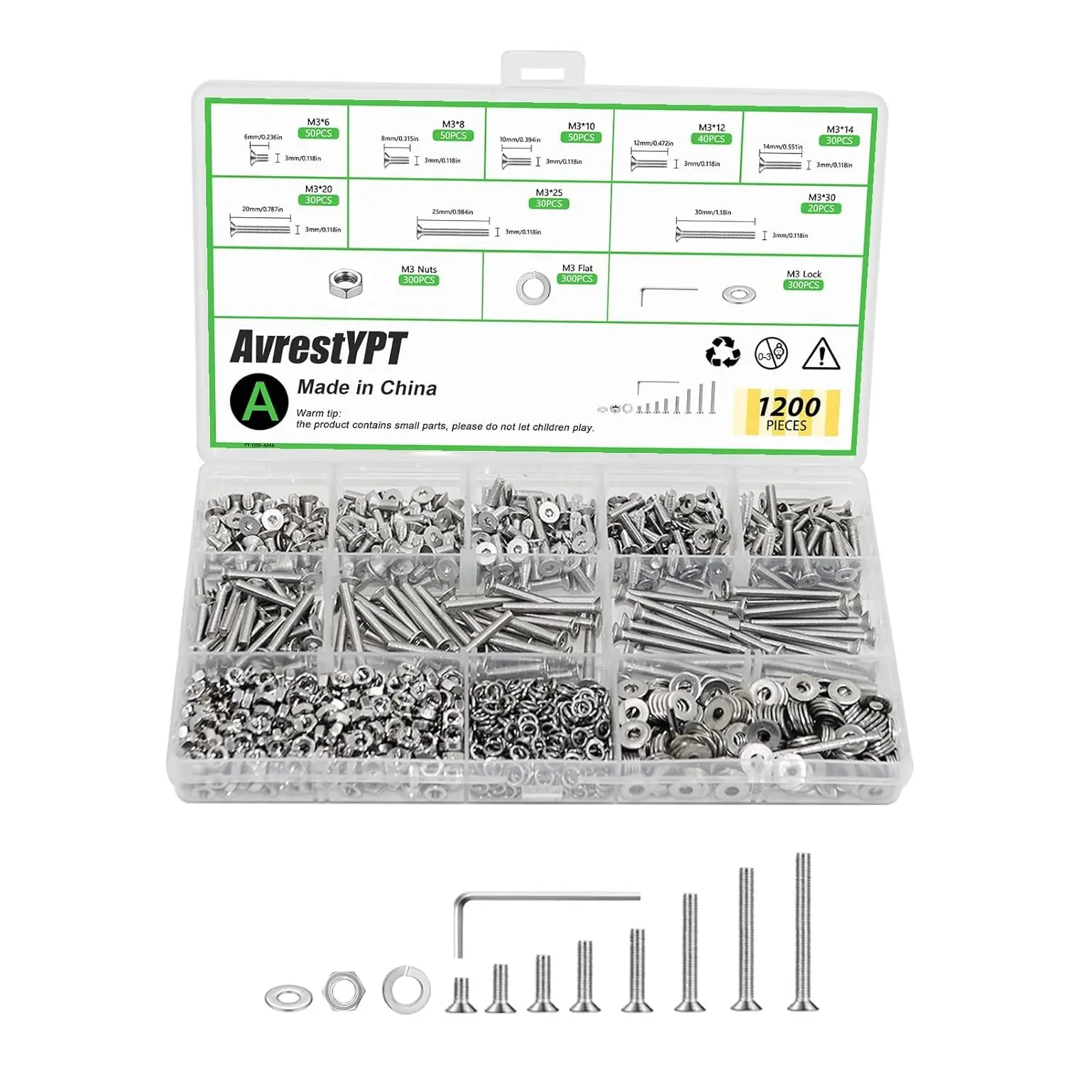 1200 Pcs Countersunk Head Hexagon Socket Screws Bolts and Nuts and Washers Assortment Kit, M3 Metric Stainless Steel Bolts and Machine Screws and Nuts and Washers Set for Home Industrial