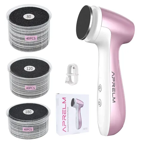 APRELM E7 Cordless Rechargeable Electric Callus Remover for Feet - Professional Hard Skin Remover, Callous/Cracked Heels/Exfoliation Pedicure Tool, Easy Pad Change, 1 Unit with 120 3-Grit Sandpapers