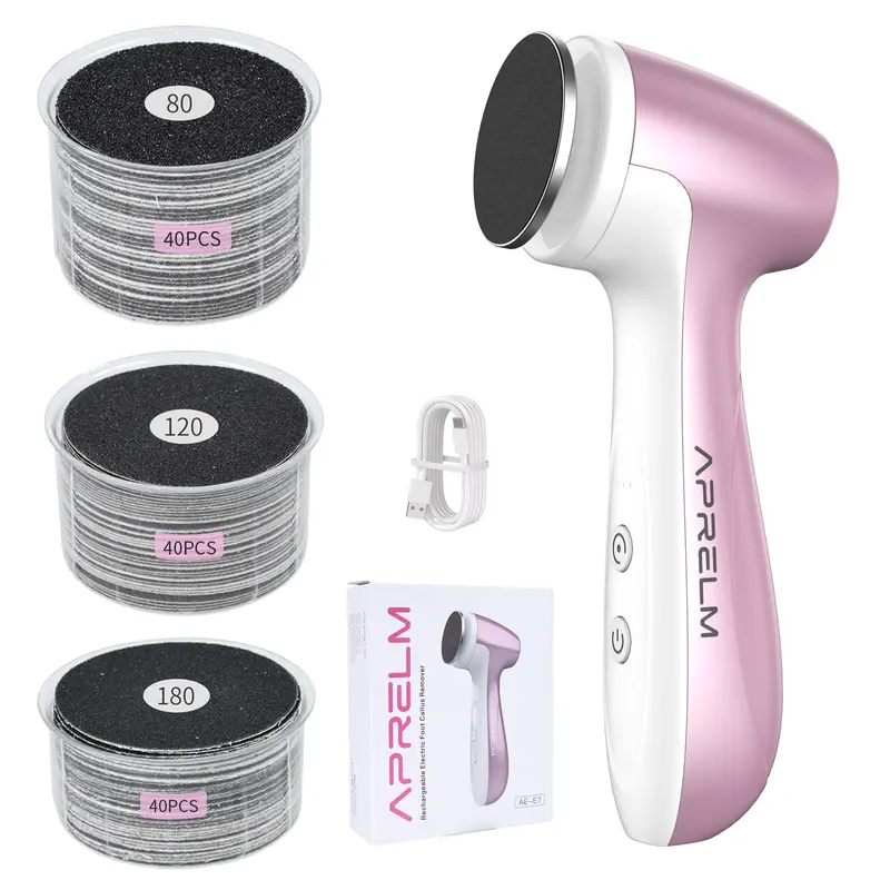 APRELM E7 Cordless Rechargeable Electric Callus Remover for Feet - Professional Hard Skin Remover, Callous/Cracked Heels/Exfoliation Pedicure Tool, Easy Pad Change, 1 Unit with 120 3-Grit Sandpapers