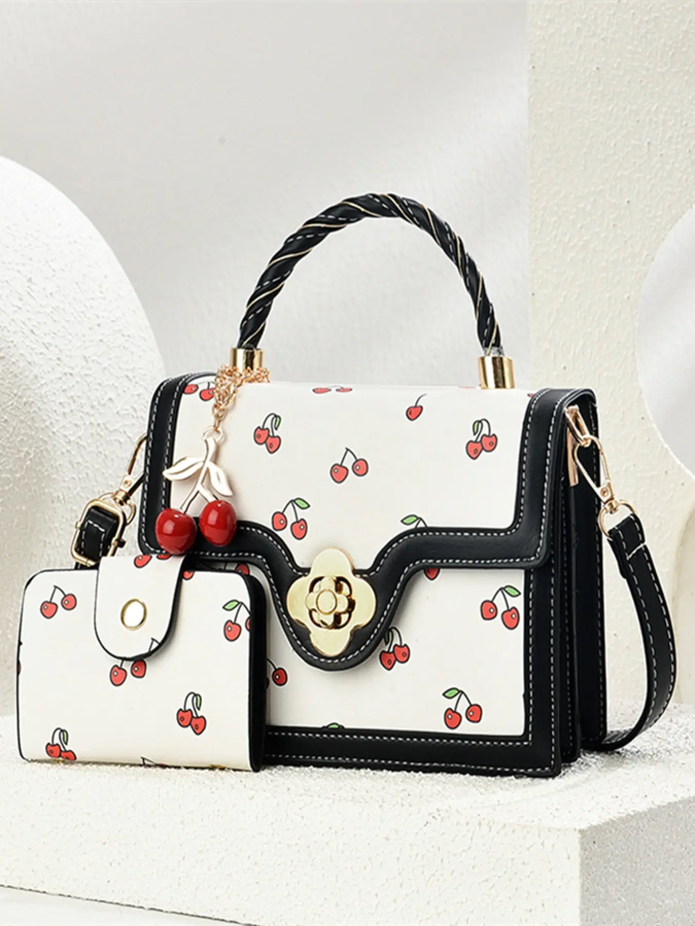 Women's New Cherry Print Small Square Handbag, Colorblock Shoulder Bag, Fashion Casual Crossbody Bag with Cherry Charm, Fashion Crossbody Purse, Perfect Gift, Fashion Crossbody Bags, Casual Trendy Purse
