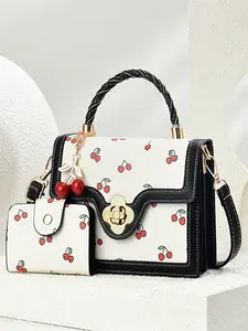 Women's New Cherry Print Small Square Handbag, Colorblock Shoulder Bag, Fashion Casual Crossbody Bag with Cherry Charm, Perfect Gift