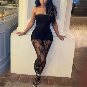 Echoine Women's Semi-Sheer Mesh Top Dress & Leggings Set 2 Piece Outfits Off Shoulder Tube Lace Mini Dress & Pants for Dinner Night Out Birthday Black Clothes Christmas Holiday New Year Gift S-XL Womenswear Breathable comfy