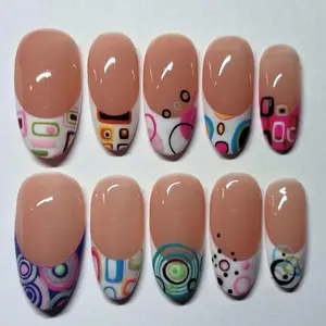 S129 Nailed by Vibe –Retro Geometric Press-On Nails, Handmade Colorful Circles & Squares, Nude Base with Vibrant Abstract Tips, Playful Y2K Style, Custom Nail Art, Gifts for Her