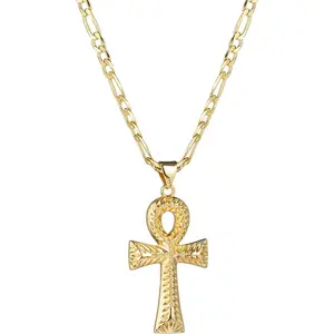 14K Gold Silver Tone Stainless Steel Ankh Cross Pendant Necklace for Women Men 3mm Flat Figaro Chain Egyptian Cross Necklace 18/22 inches