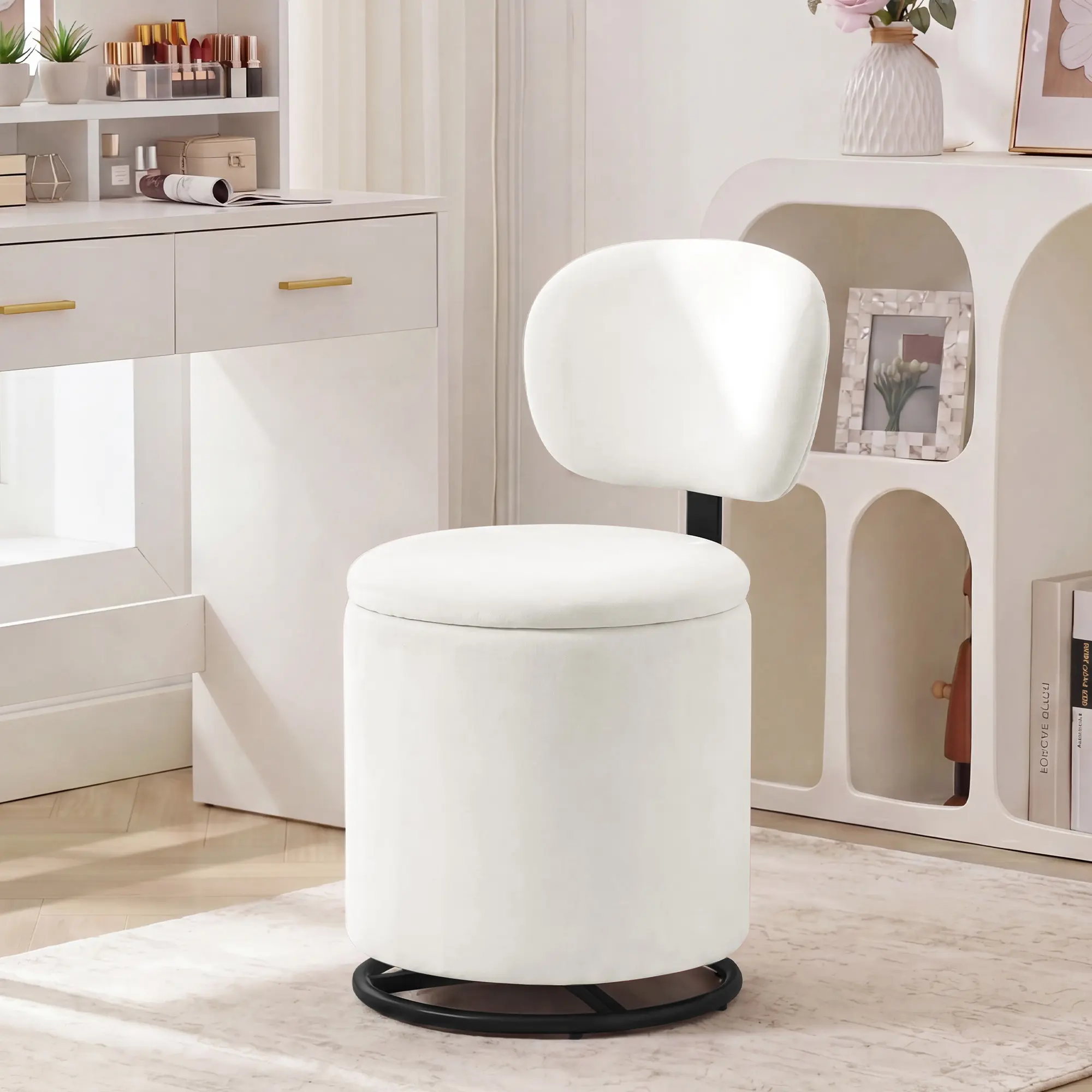 [backtoschool] Space-Saving Makeup Vanity Stool with 2-Pc Stackable Ottomans - Silent Swivel Accent Makeup Chair, Compact Seating, Easy-Access Furniture for Bedroom Dressing Area