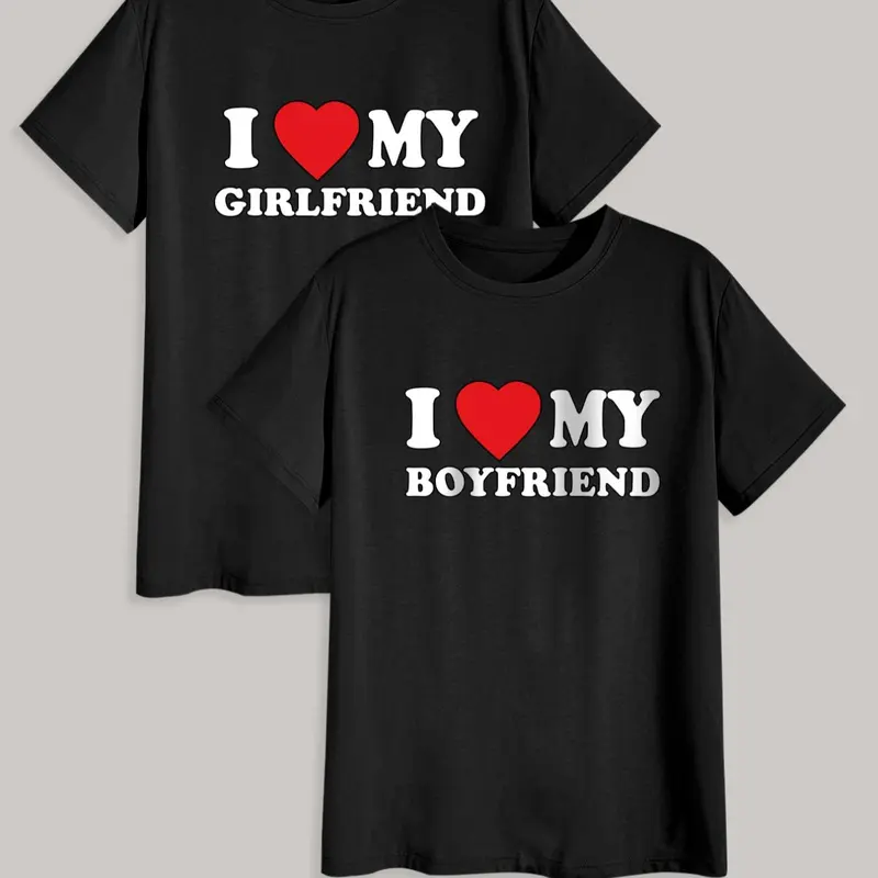 Men's Heart & Slogan Print Round Neck Tee, Regular Fit Casual New Trendy "I Love My BF" & "I Love My GF" Print T-shirt, Casual Summer Top for Men