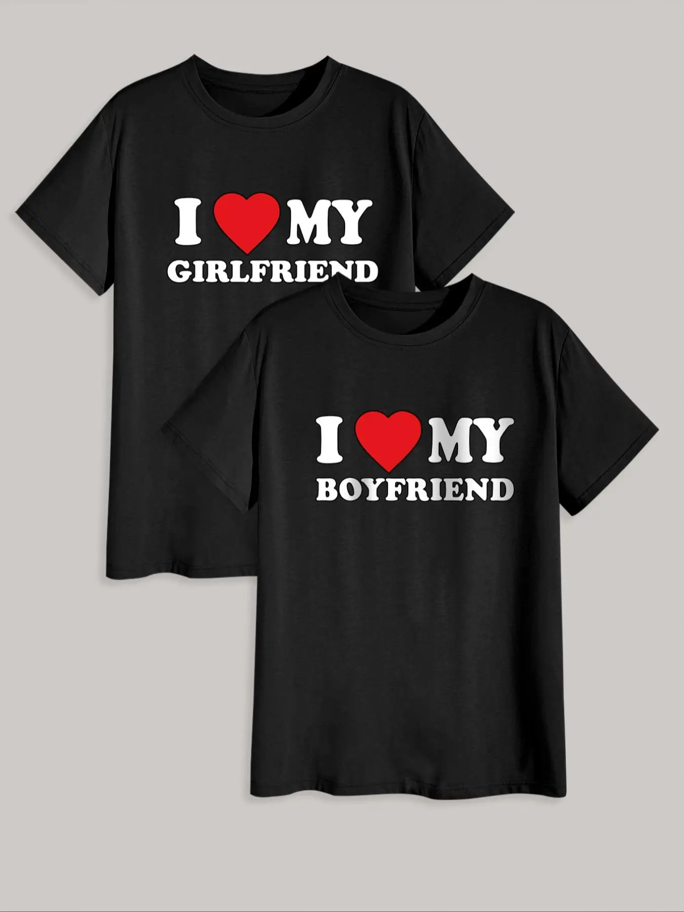 Men's Heart & Slogan Print Round Neck Tee, Regular Fit Casual New Trendy "I Love My BF" & "I Love My GF" Print T-shirt, Casual Summer Top for Men