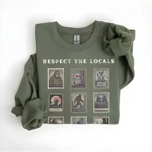 THE HANDY HIVE - Respect the Locals Cryptid Sweatshirt, Vintage Stamp Camping Sweater, Gift Mothman Sweatshirt, Alien Sweatshirt Weirdcore Gift for Hiking