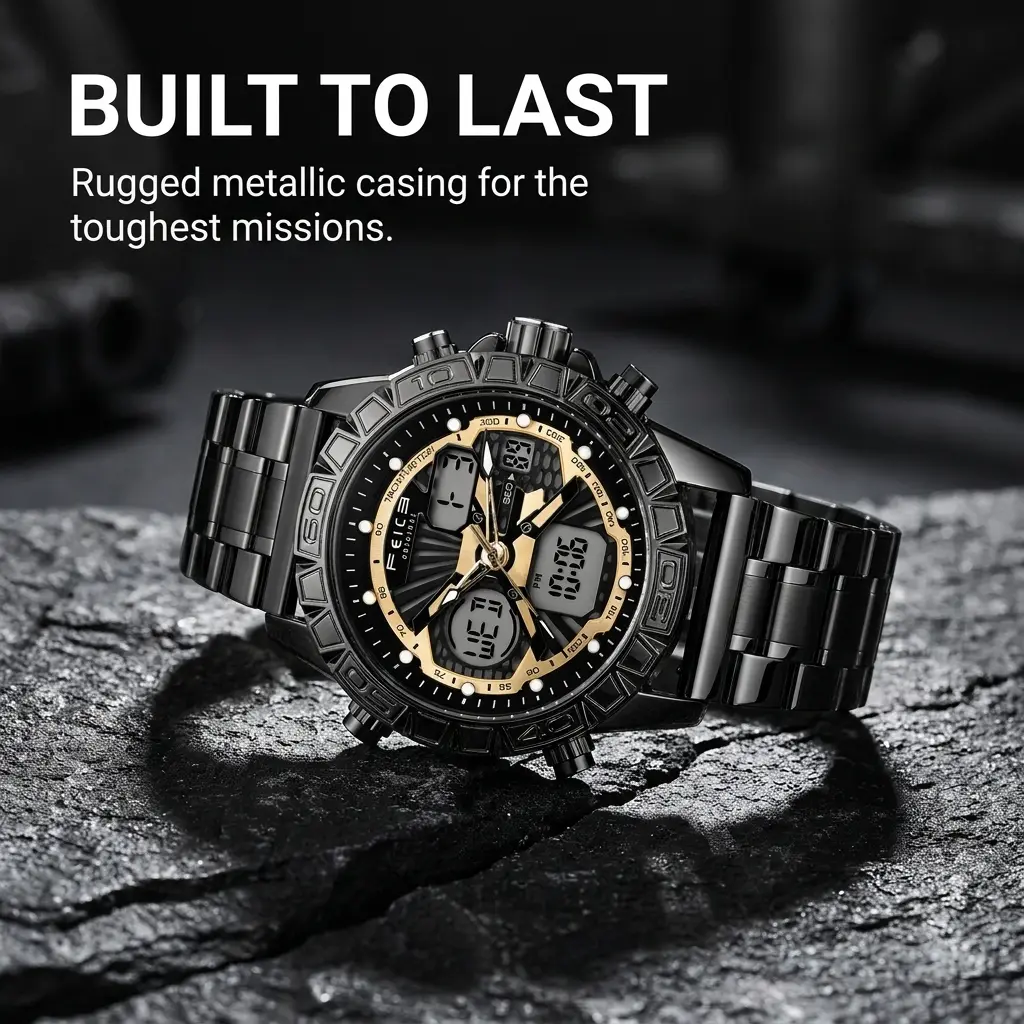 FEICE Men's Water-Resistant Quartz Fashion Watch - Stainless Steel Bracelet, Analog-Digital Display, Date Function, Alarm, Chronograph Wrist Watch