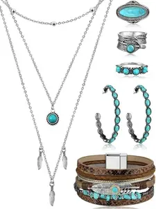 Bohemian Western Jewelry Turquoise Set Women Bohemian Pendant Long Choker Layered Bracelets Turquoise Earrings Ring Necklace outdoorfun