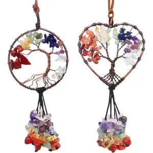 2 Pcs Tree of Life Car Mirror Hanging Accessories, AFUNTA 7 Chakra Crystals and Healing Stones Seven-Colored Stone Car Ornaments Good Luck Wall Decor