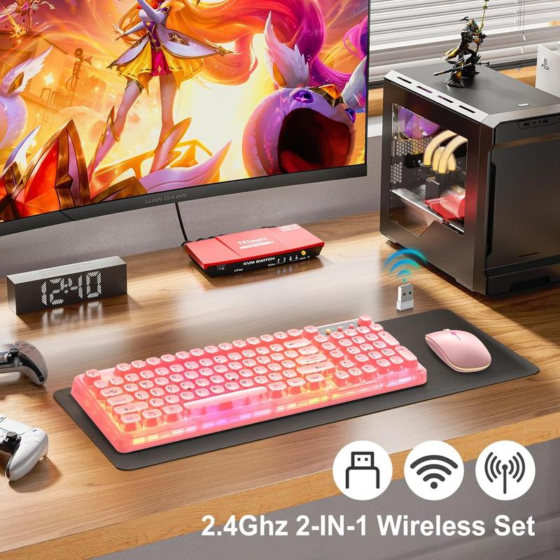 Pink Light Up Keyboard and Mouse Wireless,Cute 2.4Ghz Cordless Rechargeable Transparent Backlit Keyboard,15 Backlight Effects,Volume Knob,RGB Mouse with 3 DPI for Mac Computer PC Laptop Desktop iPad