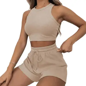 Women's 2-Piece Waffle Knit Lounge Set - Crop Tank Top & Drawstring Shorts Outfit