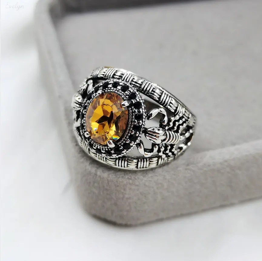 Vintage Scorpion Statement Ring, Antiqued Silver‑Tone Band with Yellow Crystal Accent