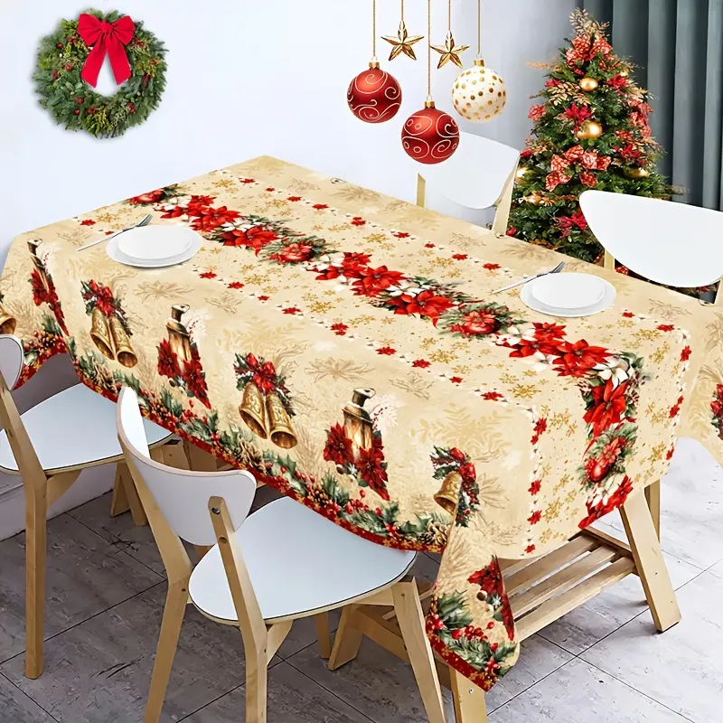 1pc Rustic Christmas Plastic Table Cover, Christmas Poinsettia Jingle Bell Disposable Tablecloth for Rectangle Tables, Xmas Tablecovers Decor, Perfect for Home Kitchen Dining Table Decor, Christmas Party Decorations