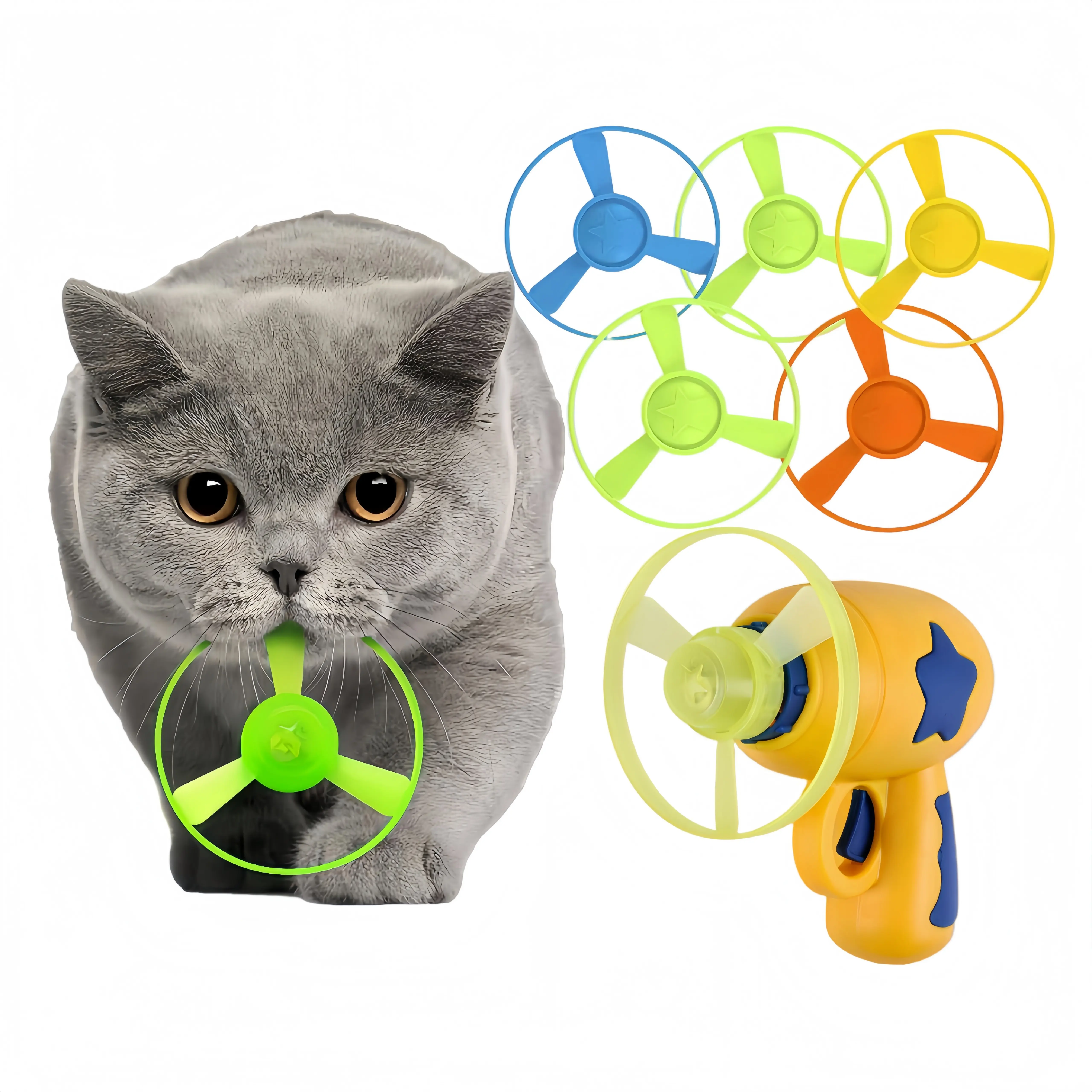 11 Pcs Cat Fetch Toy Set Launcher Gun, Flying Disc Toy, Cat Track Toy for Cat Training Hunting Chasing Interactive Cat Toys for Bored Indoor, Cute Kitten Kitty Toys, Flying Propellers For Dog and Puppy Toy Pet Supplies sohochic