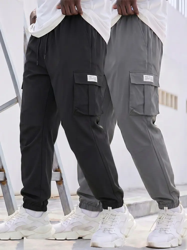 Men’s Daily Casual Taper Cargo Pants, Elastic Waist, Lightweight Wrinkle-Resist Material