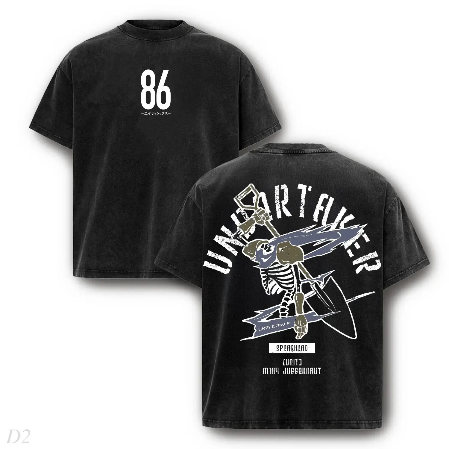 86 Eighty Six Undertaker Anime Double-Sided Printed Vintage Washed Unisex Oversized Heavyweight Cotton T-Shirt