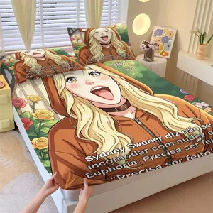 NO COMFORTER Multiple Size Woof Woof Anime Girl Fitted Sheet Set, Elastic Deep Pocket, Stretchy Washable, All Season Use, Coquette Daily Bedroom Decor