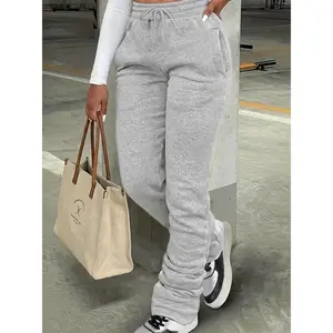 Women's Plain Pocket Drawstring Waist Stackable Sweatpants, Casual Basic Stack Pants for Daily Wear, Ladies' Bottoms for All Seasons, Casual Sport Trousers