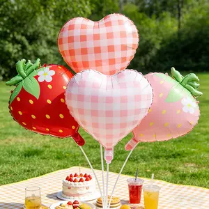 Five-Piece Balloon Set, Includes Large Strawberry Foil Balloons & Heart-Shaped Checkered Balloons, Perfect for Weddings Birthdays Anniversaries