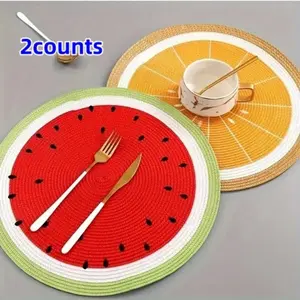 2-Piece Watermelon & Lemon Design Placemats, Round Washable Table Mats for Dining Decor, Kitchenware Accessories